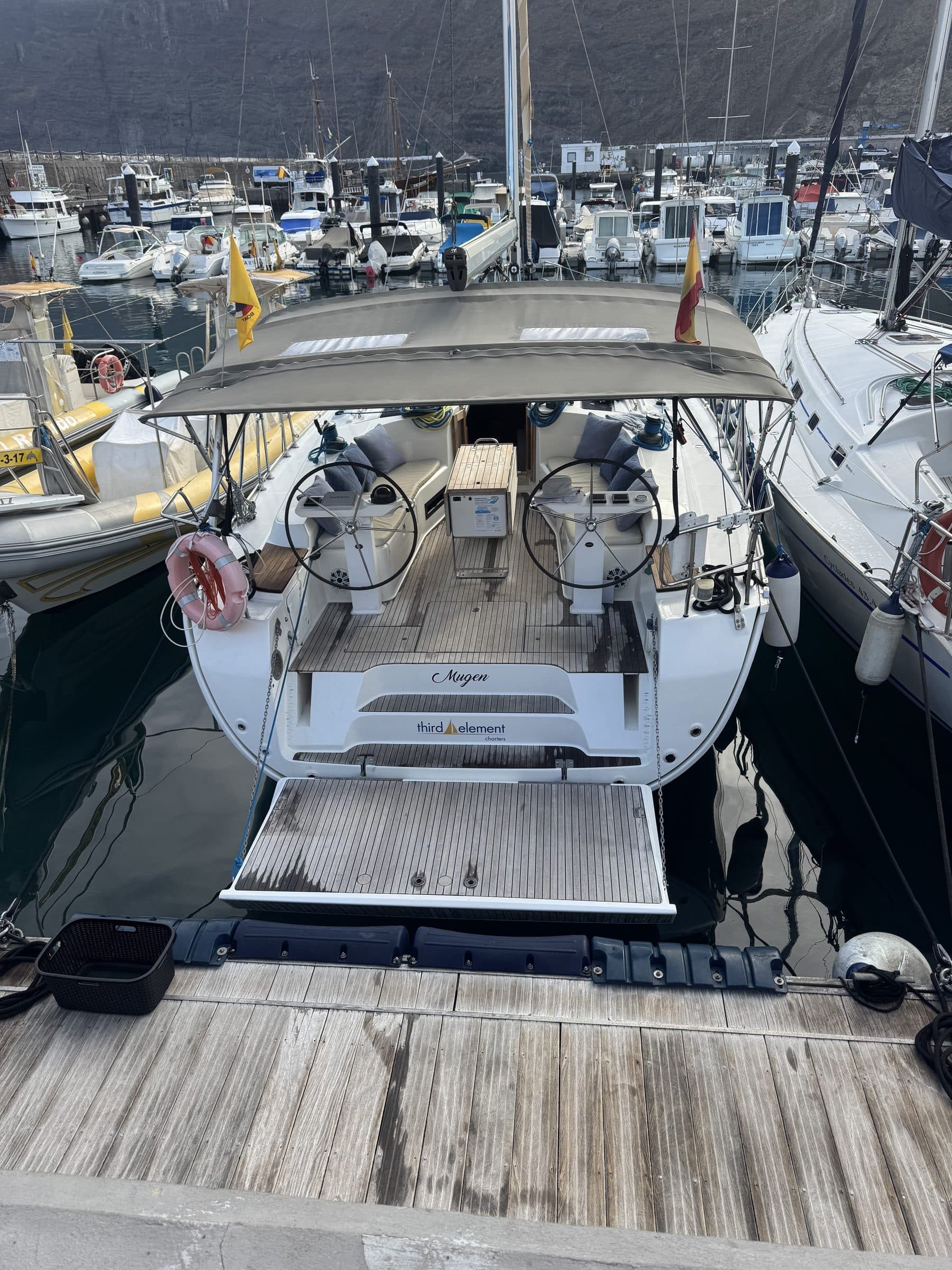 Our sailboat, Third Element, moored at Los Gigantes marina.