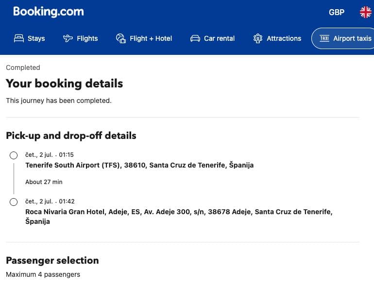 Booking.com confirmation for the pre-booked transfer from Tenerife South Airport to Roca Nivaria Gran Hotel.